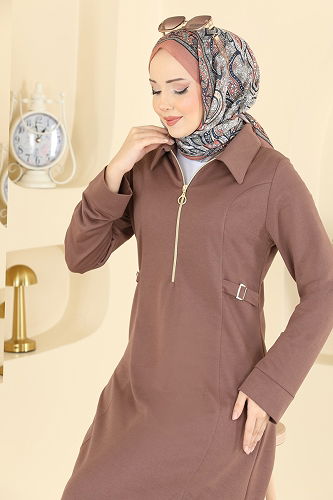 moda selvim Belden Toka Detaylı Elbise PL9216 Pudra Vizyon - Thumbnail