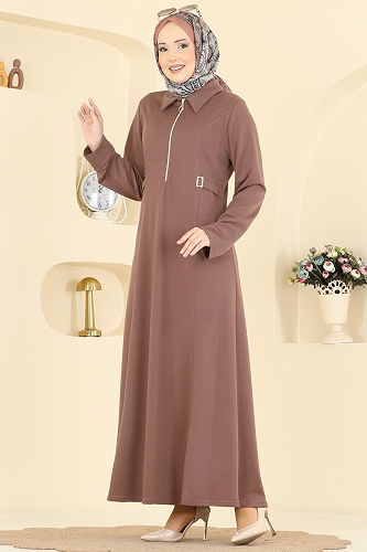 moda selvim Belden Toka Detaylı Elbise PL9216 Pudra Vizyon - Thumbnail