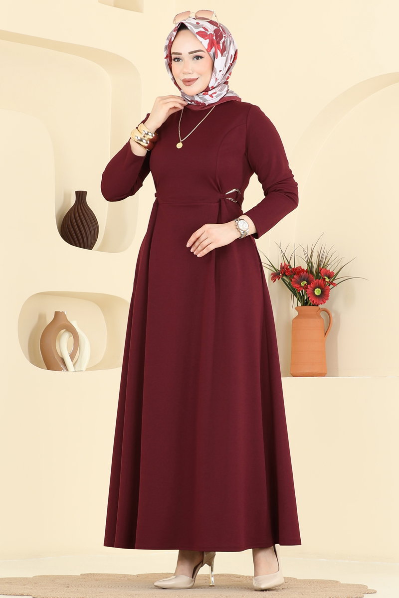 Belden Tokalı Krep Elbise 24030UKB139 Bordo