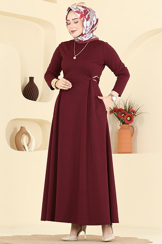 moda selvim Belden Tokalı Krep Elbise 24030UKB139 Bordo - Thumbnail