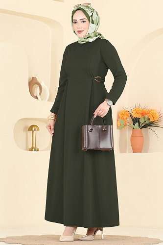 moda selvim Belden Tokalı Krep Elbise 24030UKB139 Haki - Thumbnail