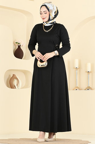 moda selvim Belden Tokalı Krep Elbise 24030UKB139 Siyah - Thumbnail