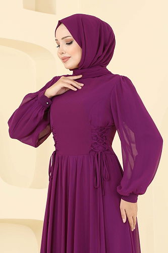 moda selvim Beli Bağcık Detay Şifon Abiye 6238BSK463 Mürdüm - Thumbnail