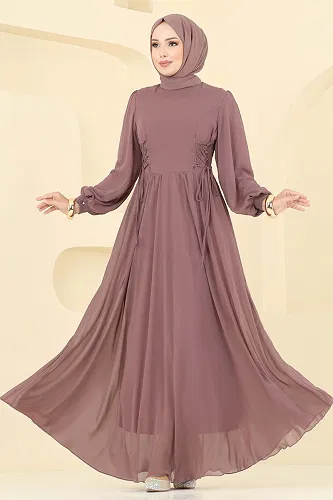 moda selvim Beli Bağcık Detay Şifon Abiye 6238BSK463 Pudra Vizyon - Thumbnail