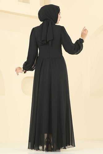 moda selvim Beli Bağcık Detay Şifon Abiye 6238BSK463 Siyah - Thumbnail