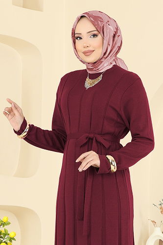 moda selvim Beli Bağcık Detaylı Elbise 004MT581 Bordo - Thumbnail