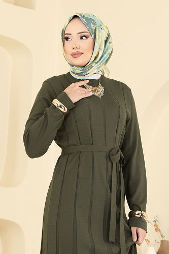 moda selvim Beli Bağcık Detaylı Elbise 004MT581 Haki - Thumbnail