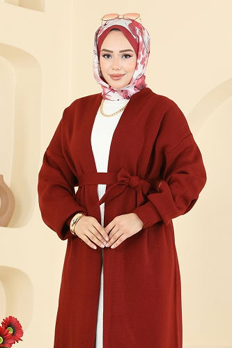 moda selvim Beli Bağcık Detaylı Hırka 8090KLB1050 Bordo - Thumbnail