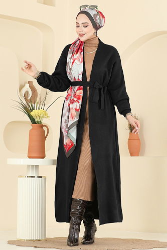 moda selvim Beli Bağcık Detaylı Hırka 8090KLB1050 Siyah - Thumbnail