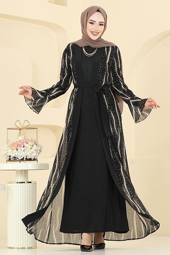 moda selvim Beli Bağcık Detaylı Şifon Takım 2821ELC1143 Desen 1 Siyah&Vizyon - Thumbnail