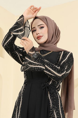 moda selvim Beli Bağcık Detaylı Şifon Takım 2821ELC1143 Desen 1 Siyah&Vizyon - Thumbnail