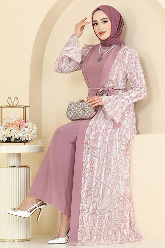 moda selvim Beli Bağcık Detaylı Şifon Takım 2821ELC1143 Gül Kurusu - Thumbnail