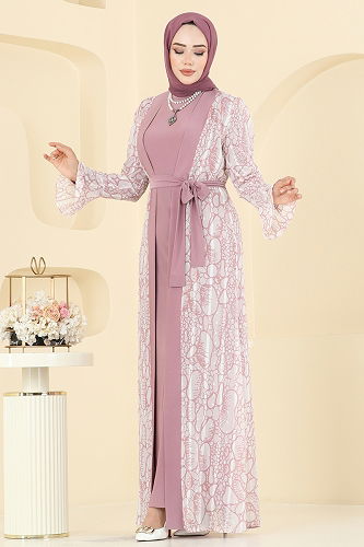 moda selvim Beli Bağcık Detaylı Şifon Takım 2821ELC1143 Gül Kurusu - Thumbnail