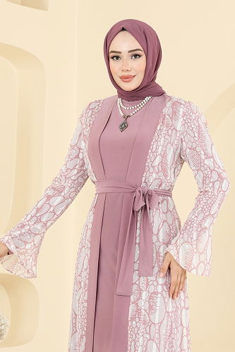 moda selvim Beli Bağcık Detaylı Şifon Takım 2821ELC1143 Gül Kurusu - Thumbnail