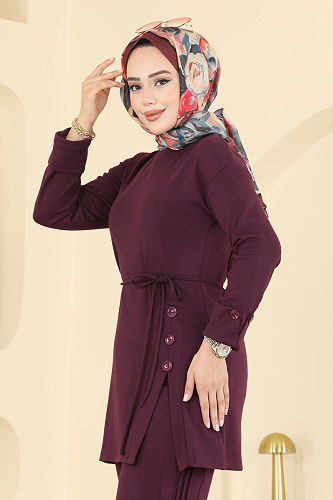 moda selvim Beli Bağcık Detaylı Takım 5712ZNK1009 Bordo - Thumbnail