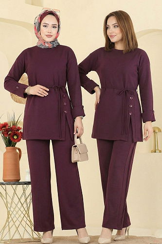 moda selvim Beli Bağcık Detaylı Takım 5712ZNK1009 Bordo - Thumbnail