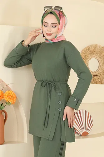 moda selvim Beli Bağcık Detaylı Takım 5712ZNK1009 Haki - Thumbnail