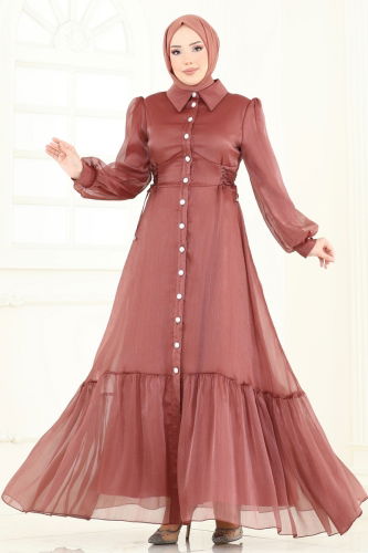 moda selvim Beli Bağcıklı Abiye Elbise 8038AB368 Bakır - Thumbnail