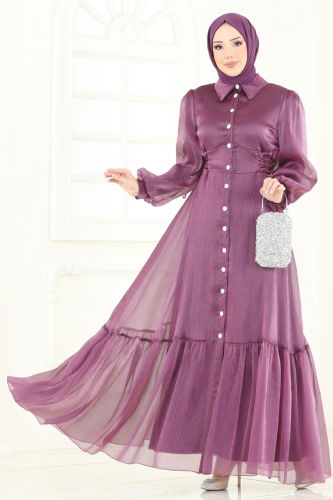 moda selvim Beli Bağcıklı Abiye Elbise 8038AB368 Koyu Lila - Thumbnail