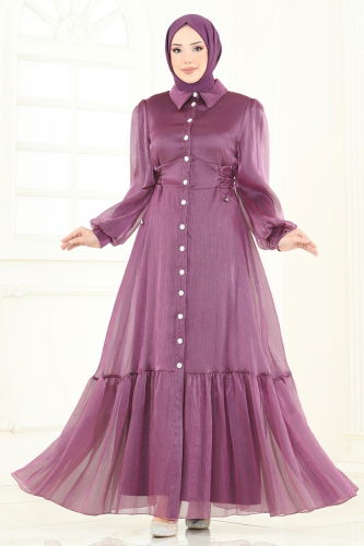moda selvim Beli Bağcıklı Abiye Elbise 8038AB368 Koyu Lila - Thumbnail