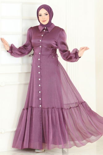 moda selvim Beli Bağcıklı Abiye Elbise 8038AB368 Koyu Lila - Thumbnail