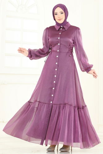 moda selvim Beli Bağcıklı Abiye Elbise 8038AB368 Koyu Lila - Thumbnail