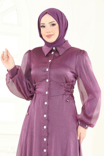 moda selvim Beli Bağcıklı Abiye Elbise 8038AB368 Koyu Lila - Thumbnail