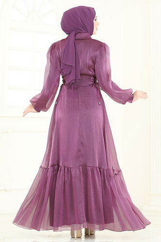 moda selvim Beli Bağcıklı Abiye Elbise 8038AB368 Koyu Lila - Thumbnail