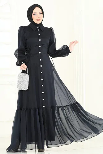 moda selvim Beli Bağcıklı Abiye Elbise 8038AB368 Siyah - Thumbnail