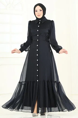 moda selvim Beli Bağcıklı Abiye Elbise 8038AB368 Siyah - Thumbnail