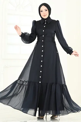 moda selvim Beli Bağcıklı Abiye Elbise 8038AB368 Siyah - Thumbnail