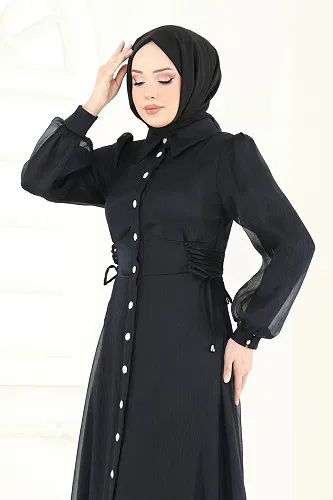 moda selvim Beli Bağcıklı Abiye Elbise 8038AB368 Siyah - Thumbnail