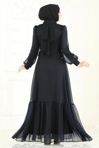 moda selvim Beli Bağcıklı Abiye Elbise 8038AB368 Siyah - Thumbnail