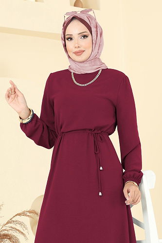 moda selvim Beli Bağcıklı Aerobin Elbise 5004MDA386 Bordo - Thumbnail