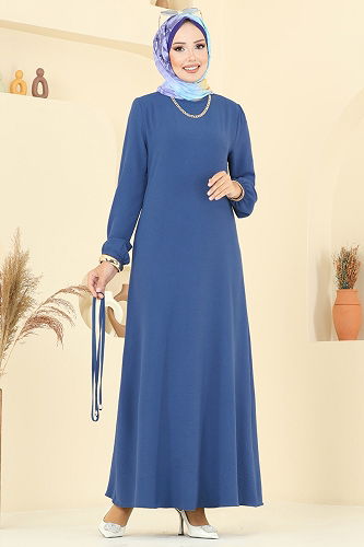 moda selvim Beli Bağcıklı Aerobin Elbise 5004MDA386 İndigo - Thumbnail