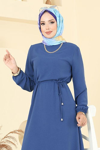 moda selvim Beli Bağcıklı Aerobin Elbise 5004MDA386 İndigo - Thumbnail