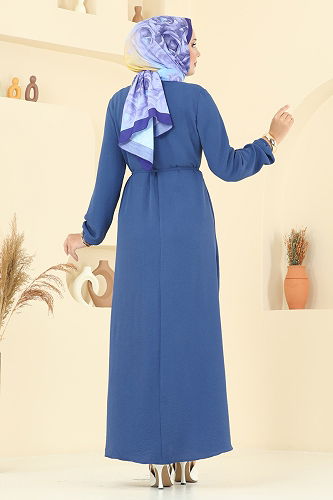 moda selvim Beli Bağcıklı Aerobin Elbise 5004MDA386 İndigo - Thumbnail