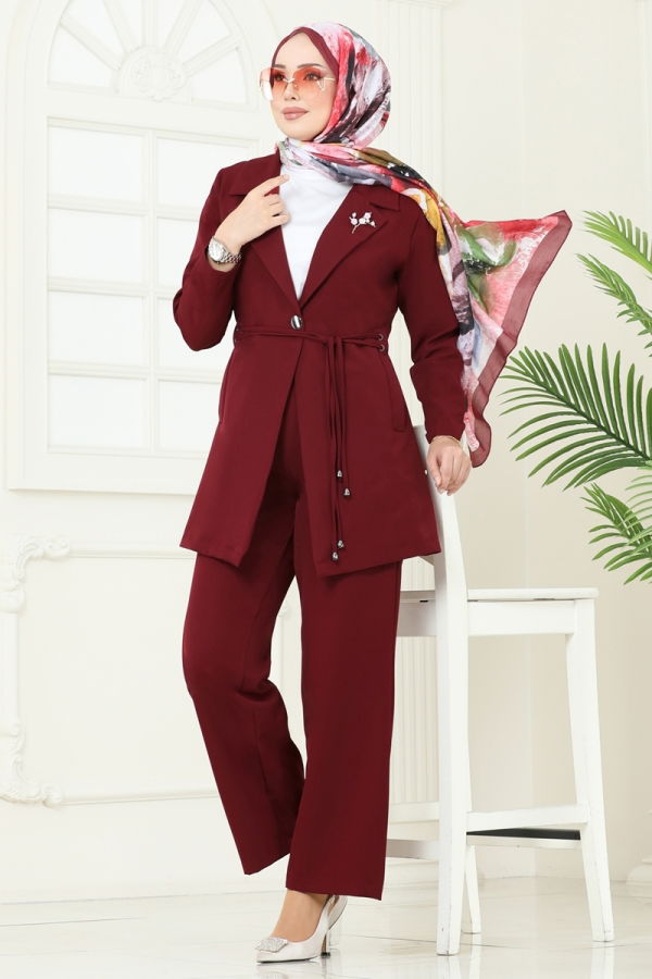 Modaselvim Kombin Beli Bağcıklı Ceket Takım 6222BSK463 Bordo