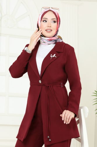 moda selvim Beli Bağcıklı Ceket Takım 6222BSK463 Bordo - Thumbnail