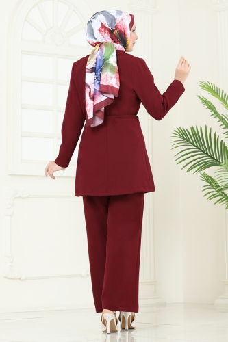 moda selvim Beli Bağcıklı Ceket Takım 6222BSK463 Bordo - Thumbnail