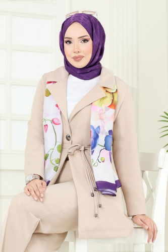 moda selvim Beli Bağcıklı Ceket Takım 6222BSK463 Taş - Thumbnail