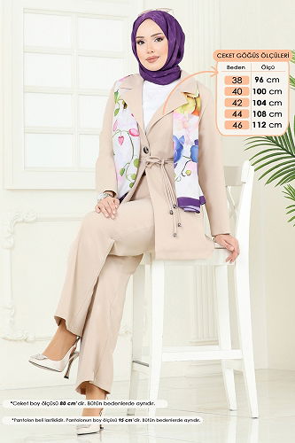 moda selvim Beli Bağcıklı Ceket Takım 6222BSK463 Taş - Thumbnail