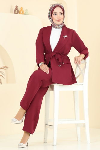 M.P. - Beli Bağcıklı Ceketli Takım 1098MP806 Bordo
