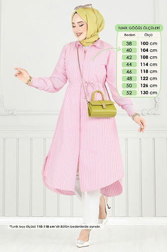 moda selvim Beli Bağcıklı Çizgili Tunik 3106HBS856 Kırmızı - Thumbnail