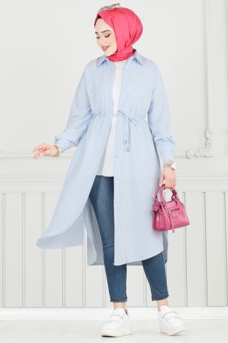 H.B.S. - Beli Bağcıklı Çizgili Tunik 3106HBS856 Mavi