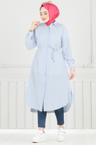 moda selvim Beli Bağcıklı Çizgili Tunik 3106HBS856 Mavi - Thumbnail