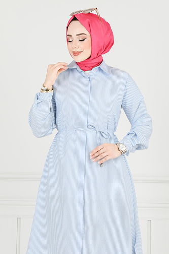 moda selvim Beli Bağcıklı Çizgili Tunik 3106HBS856 Mavi - Thumbnail