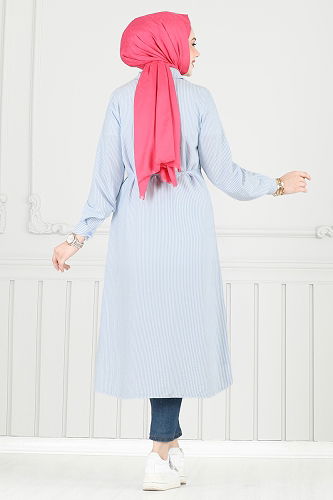 moda selvim Beli Bağcıklı Çizgili Tunik 3106HBS856 Mavi - Thumbnail