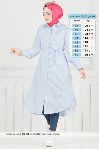 moda selvim Beli Bağcıklı Çizgili Tunik 3106HBS856 Mavi - Thumbnail