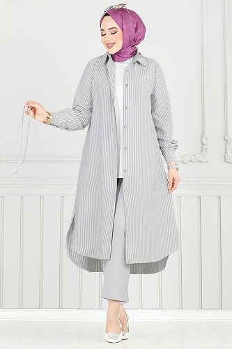 moda selvim Beli Bağcıklı Çizgili Tunik 3106HBS856 Siyah - Thumbnail